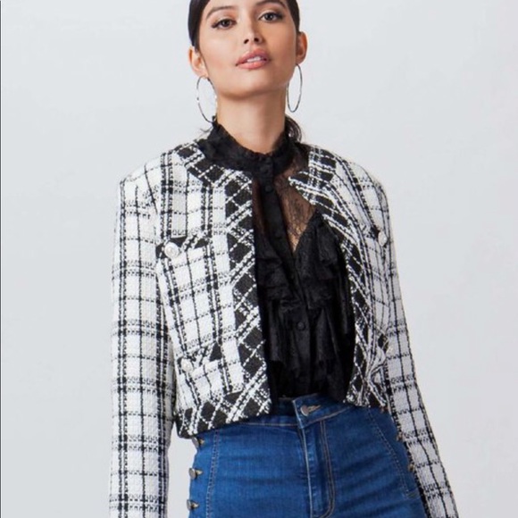 Tweed black and white blazer button down jacket - Picture 2 of 6